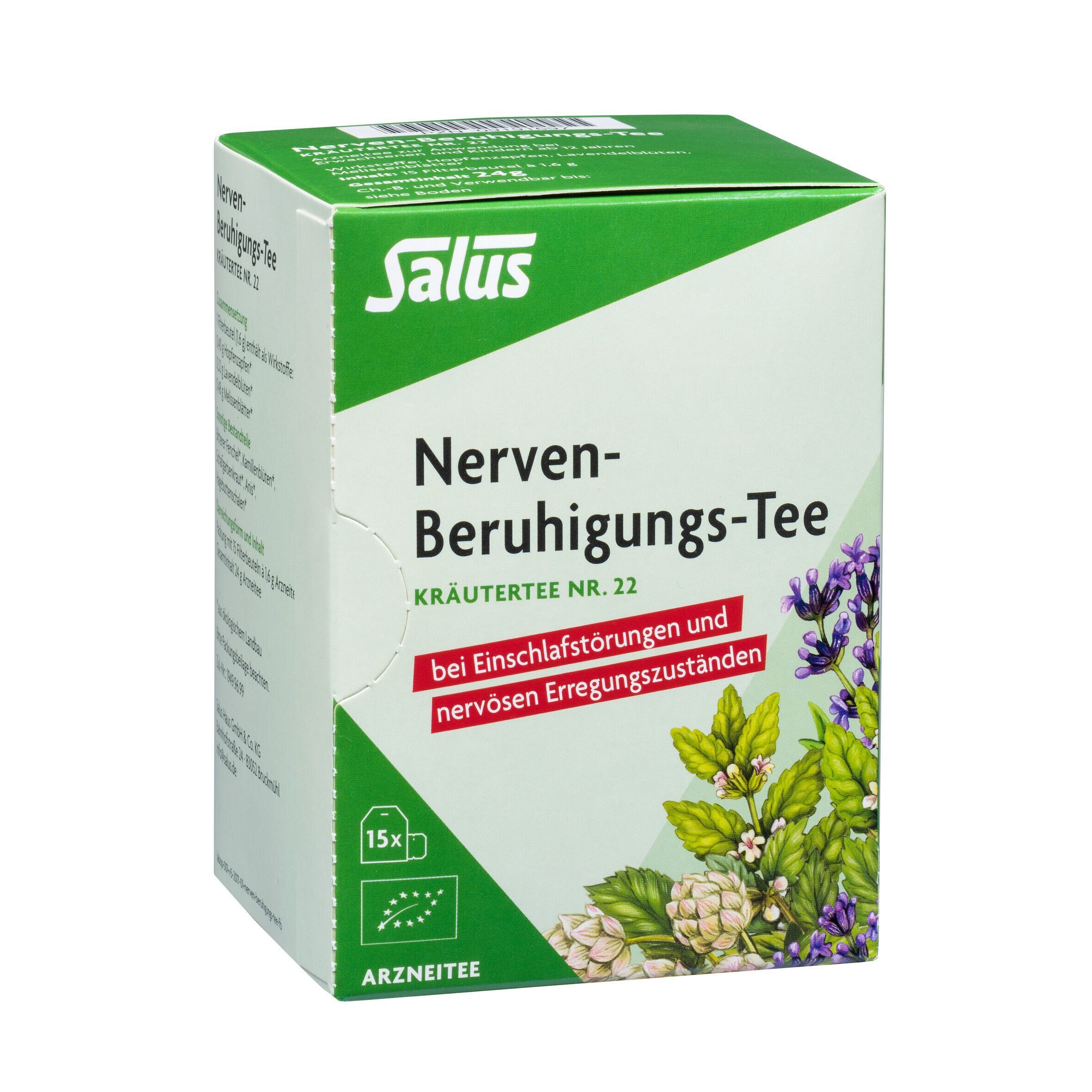 Schachtel Salus Nerven-Beruhigungs-Tee Kräutertee Nr. 22, mit 15 Teebeuteln und Bio-Siegel.