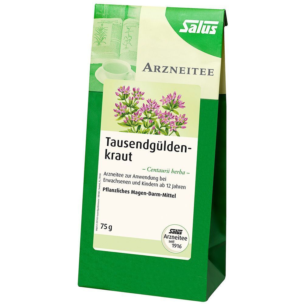 Grüne Packung Salus Tausendgüldenkraut Arztee, 75g, mit Abbildung der Pflanze und Siegel.