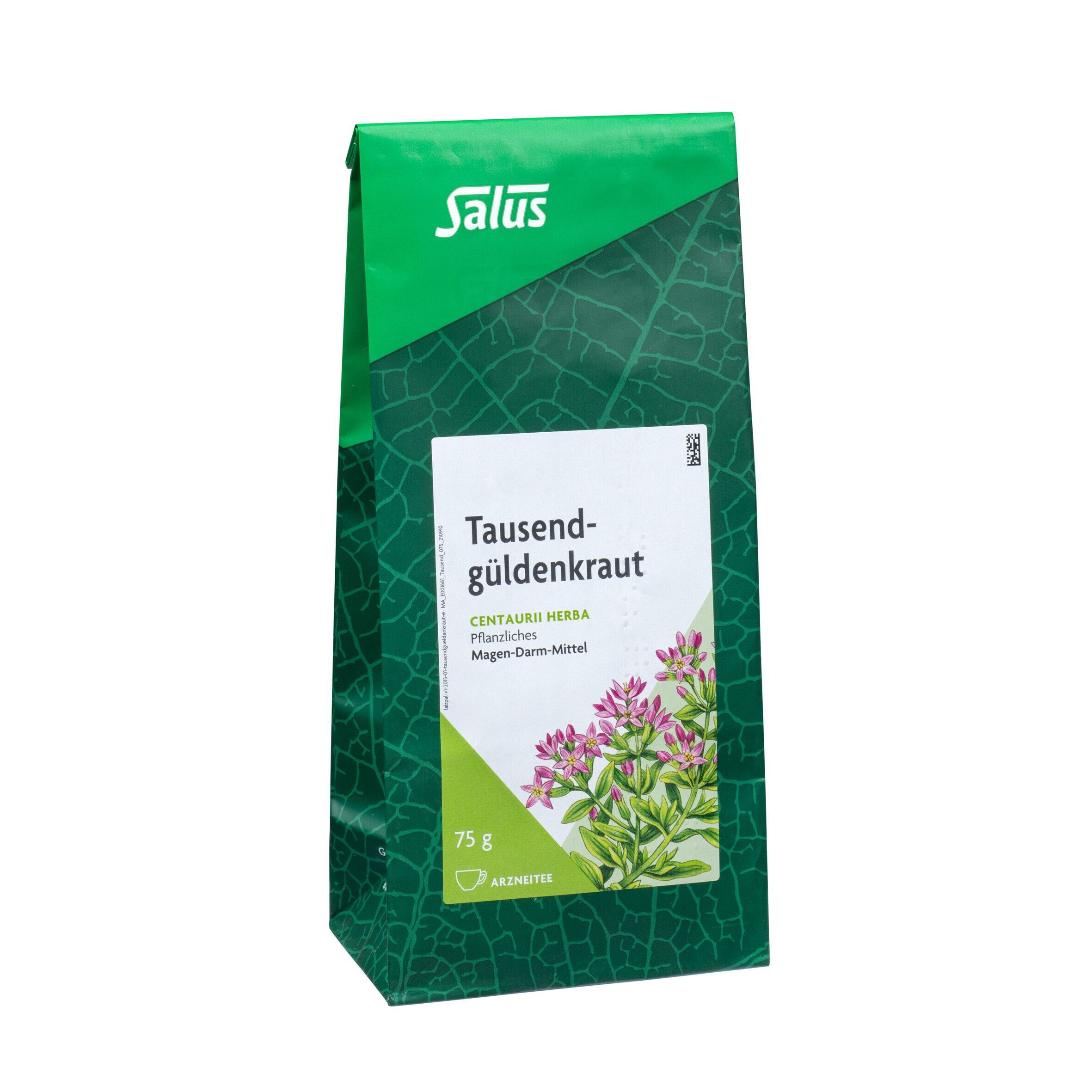 Grüne Packung Salus Tausendgüldenkraut Tee, 75g, mit Abbildung der Pflanze.