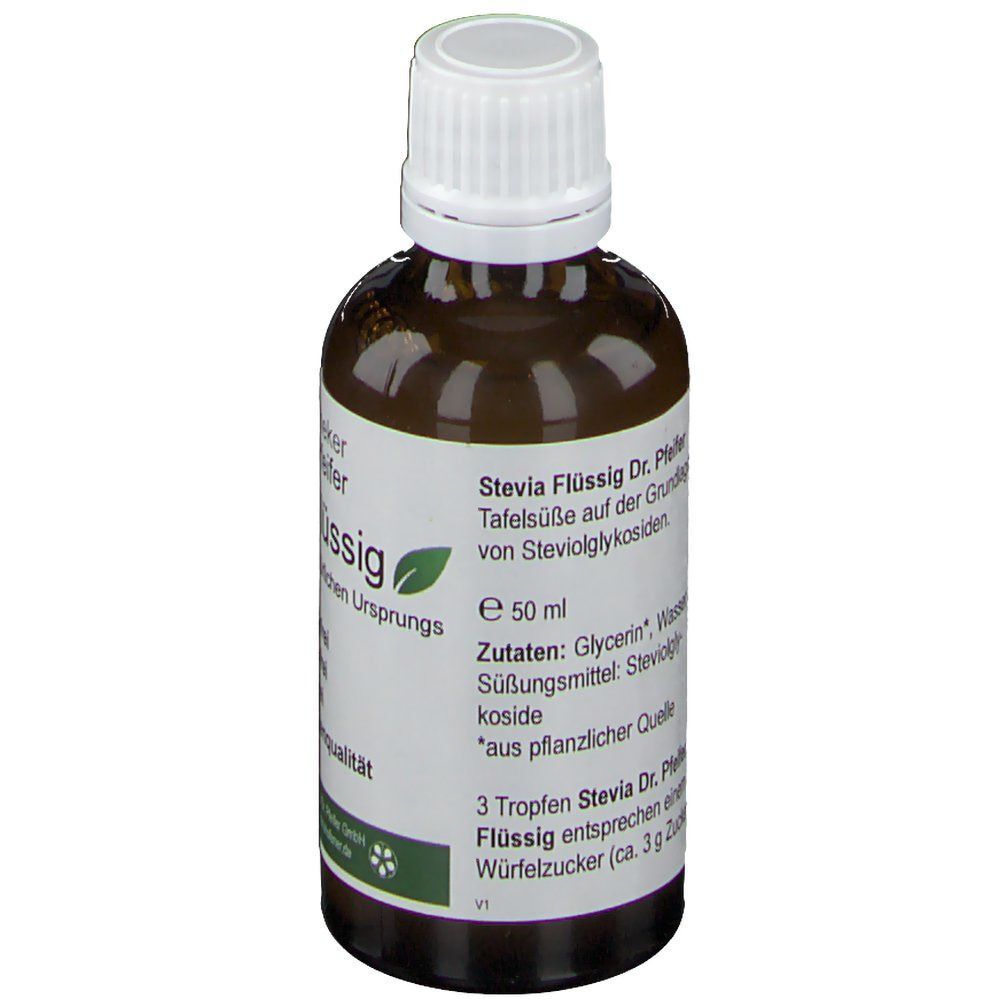 Eine Flasche Stevia Flüssig. Braune Glasflasche mit weißem Deckel. Etikett mit Inhaltsstoffen und Dosierung. Aufschrift: Stevia Flüssig, Dr. Pfeifer.
