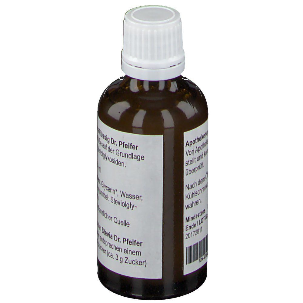 Flasche Stevia Flüssig. Braune Glasflasche mit weißem Deckel. Etikett mit Informationen. Aufschrift: Stevia Flüssig, Apotheker Dr. Pfeifer.
