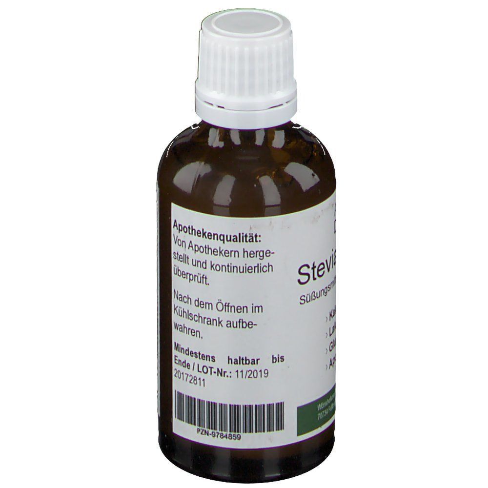 Flasche Stevia Flüssig. Braune Glasflasche mit weißem Deckel. Etikett mit Haltbarkeitsdatum. Aufschrift: Stevia Flüssig, Apotheker Dr. Pfeifer.