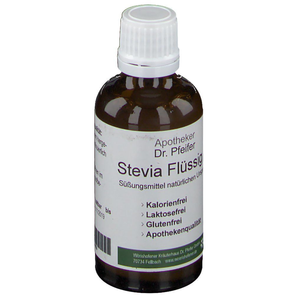 Flasche Stevia Flüssig. Braune Glasflasche mit weißem Deckel. Etikett mit Produktinformationen. Aufschrift: Stevia Flüssig, Apotheker Dr. Pfeifer.