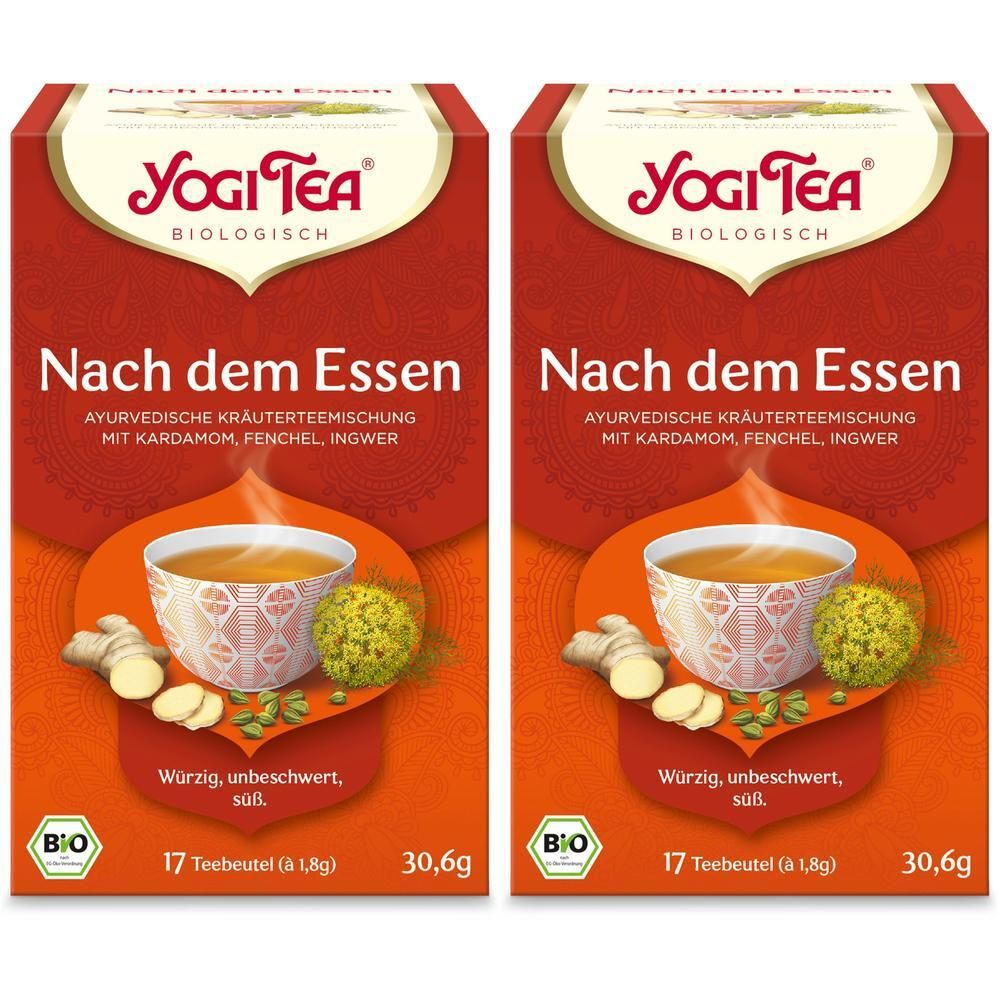 Zwei Packungen YOGI TEA Nach dem Essen. Rote Verpackung mit Logo, Produktname und Abbildung einer Tasse Tee. Bio-Siegel.