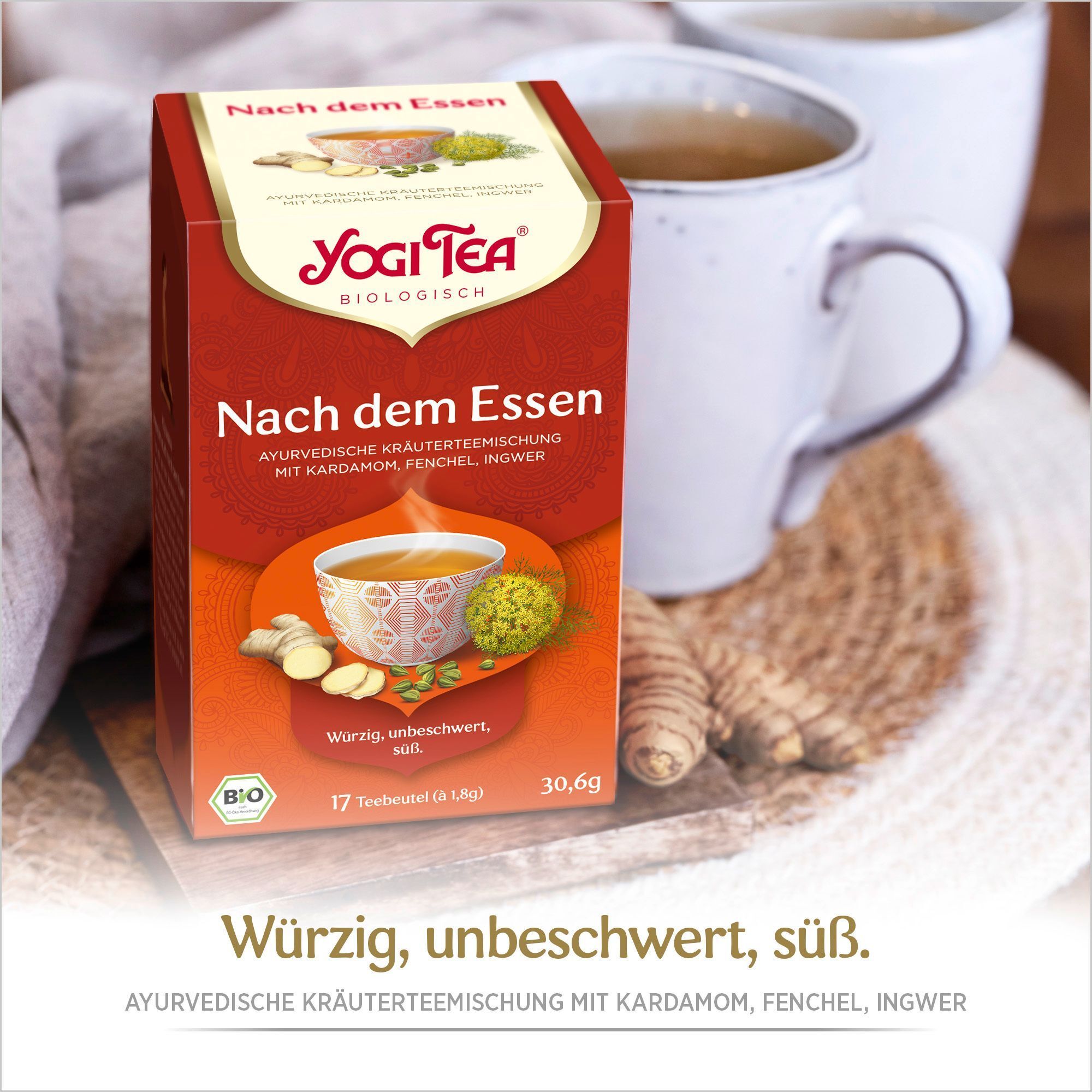 YOGI TEA Nach dem Essen Packung. Rote Verpackung mit Logo, Produktname und Abbildung einer Tasse Tee. Tasse und Ingwer im Hintergrund.