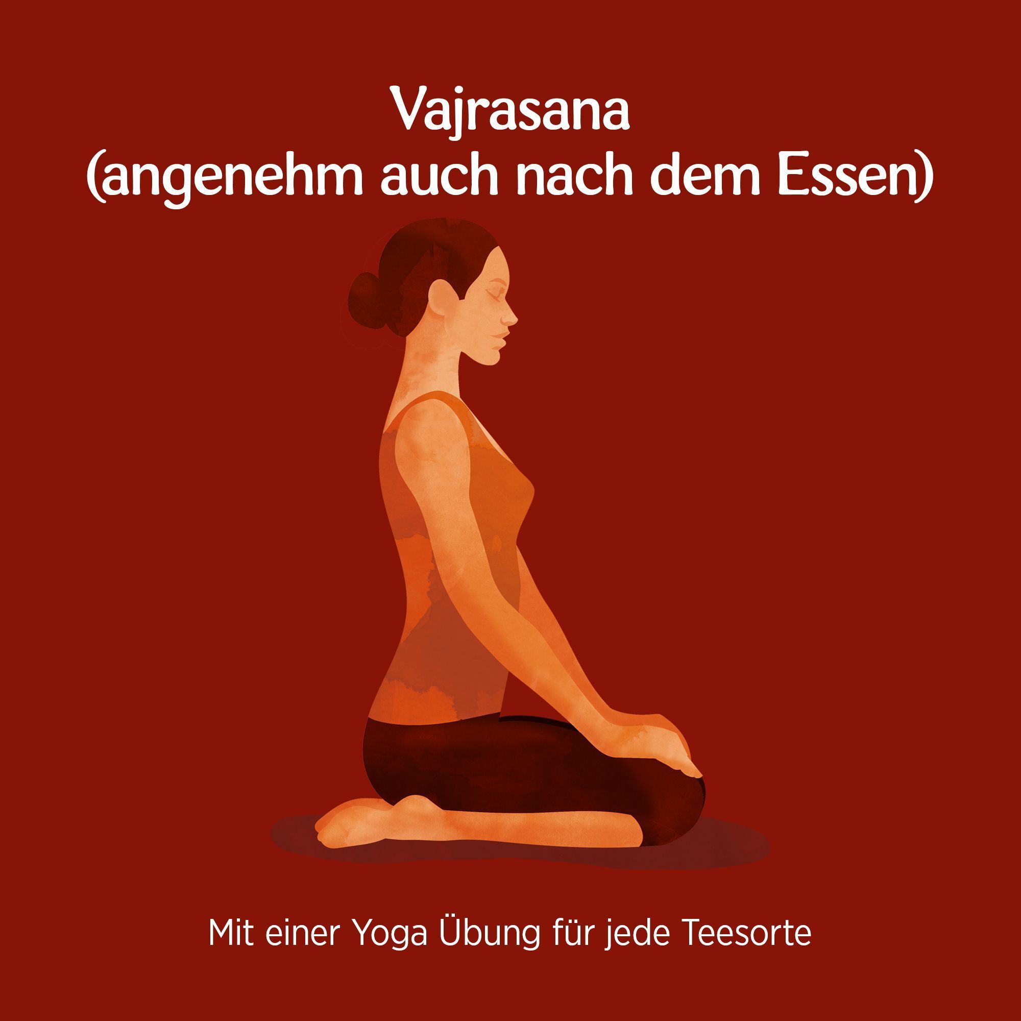 Illustration einer Frau in der Vajrasana-Yoga-Position. Text: Vajrasana (angenehm auch nach dem Essen). Roter Hintergrund.