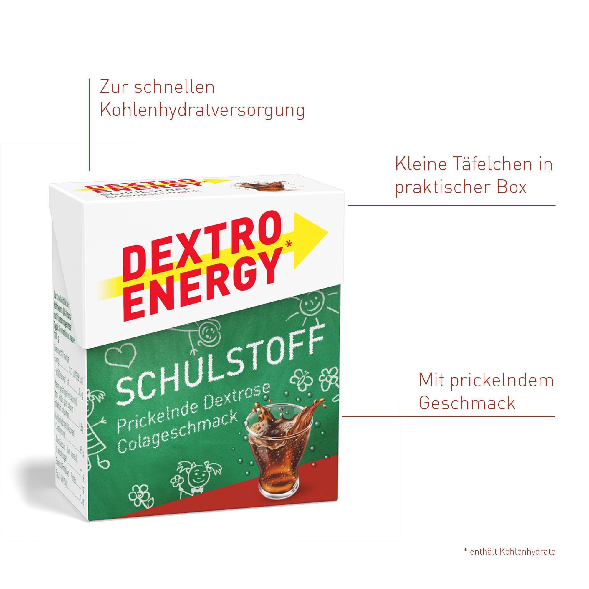 DEXTRO ENERGY Schulstoff ColaTäfelchen. Weiße Verpackung mit Logo, Produktbezeichnung und Abbildung eines Getränks. Text.