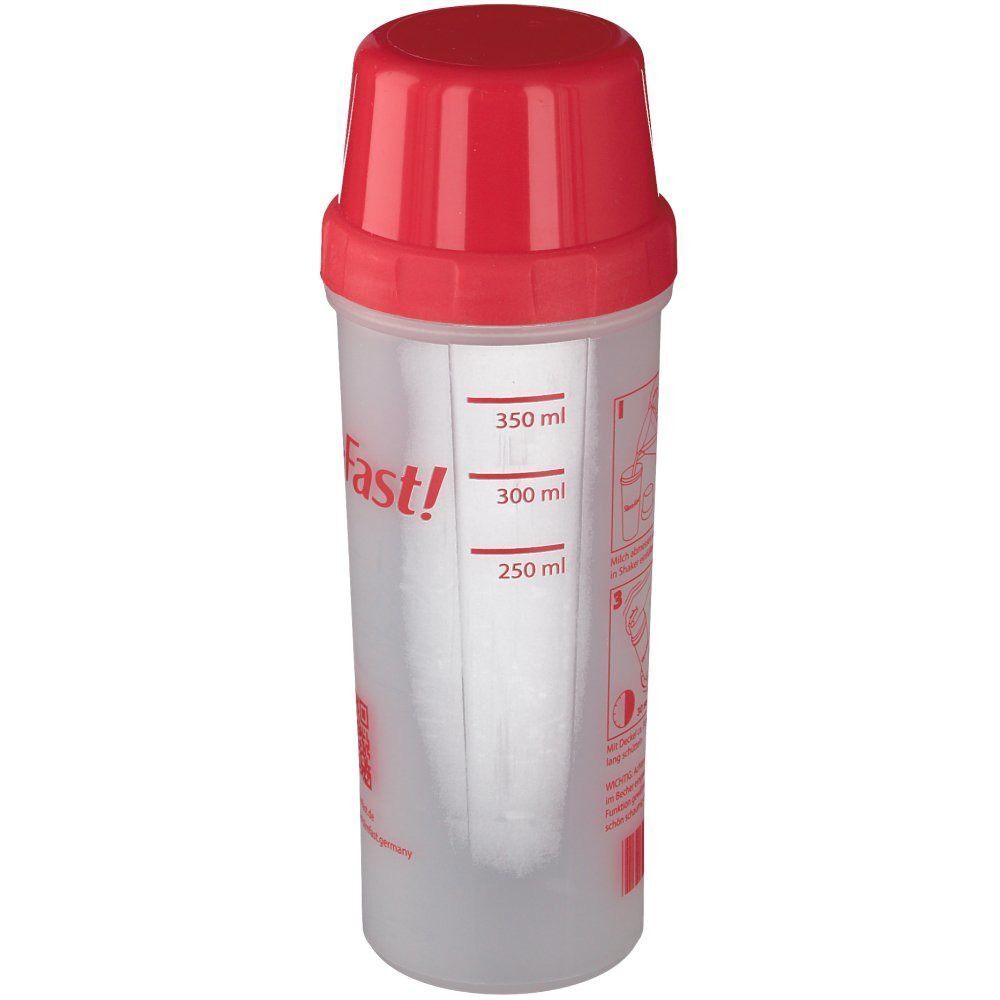Transparenter Mixbecher mit rotem Deckel. Aufdruck: Slim-Fast! und Messskala. Messangaben: 250ml, 300ml, 350ml.