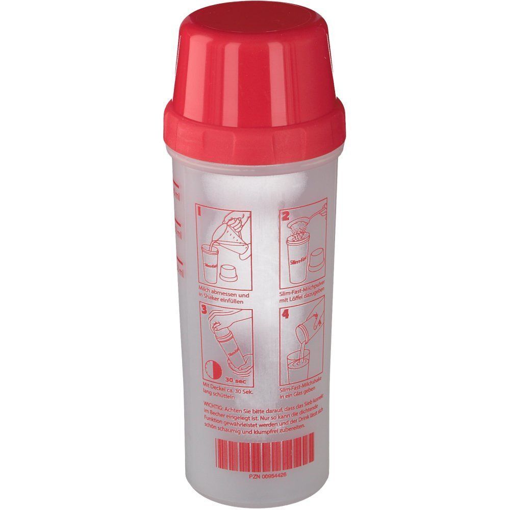 Transparenter Mixbecher mit rotem Deckel. Rückseite mit Anleitung in deutscher Sprache. Barcode am unteren Rand.