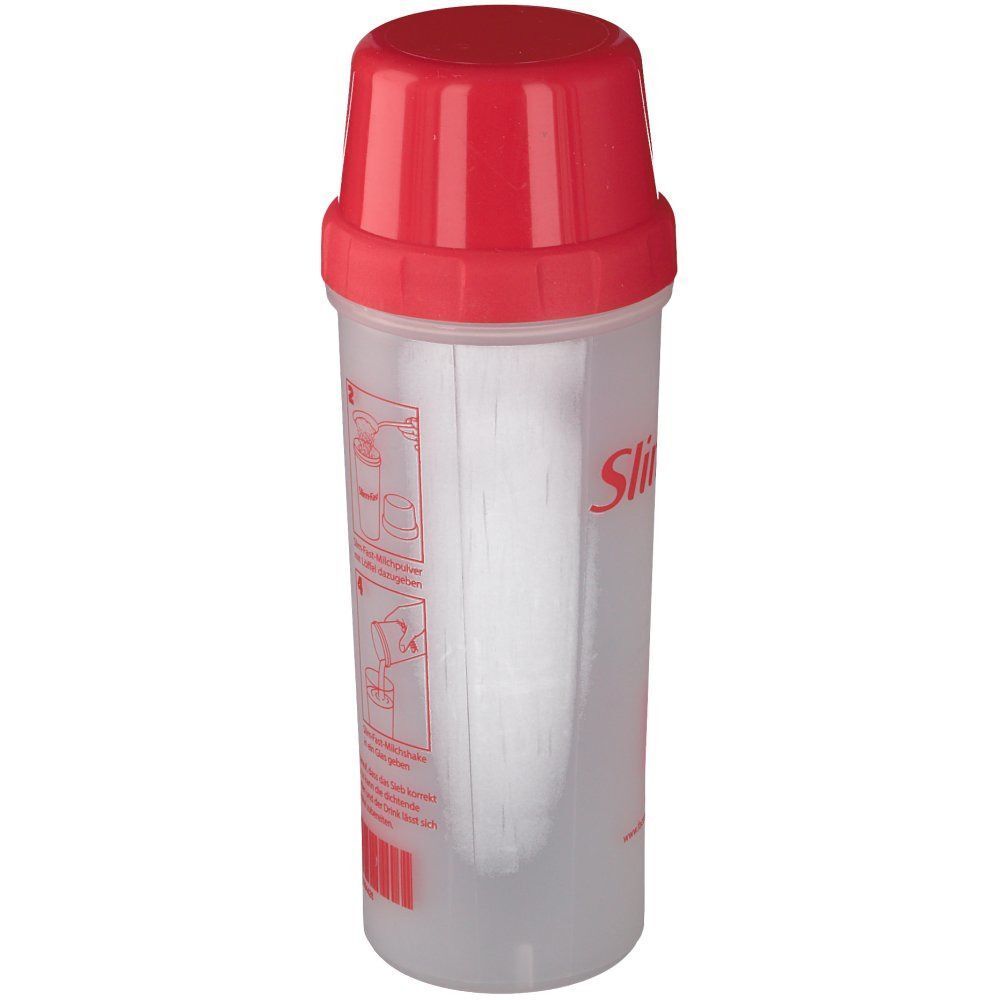 Transparenter Mixbecher mit rotem Deckel. Aufdruck: Slim-Fast! und Anleitung. Barcode am unteren Rand.