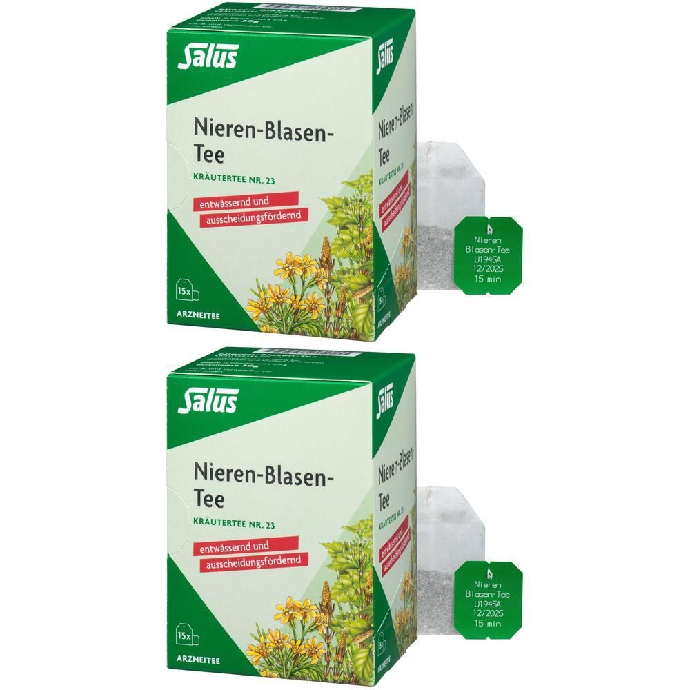 Zwei Schachteln Salus Nieren-Blasen-Tee mit je einem Teebeutel daneben.