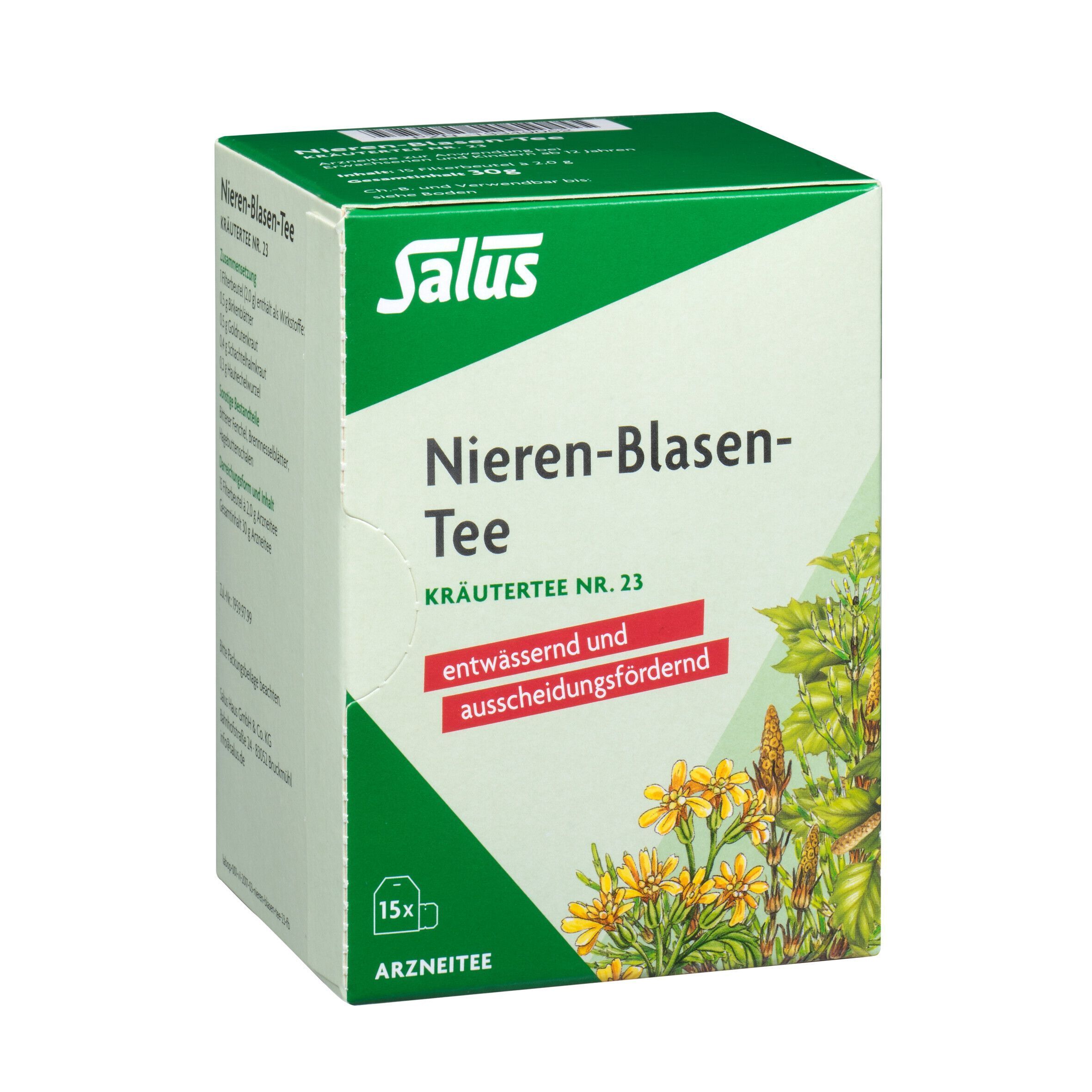 Eine Schachtel Salus Nieren-Blasen-Tee mit Kräuternummer 23 und gelben Blüten.