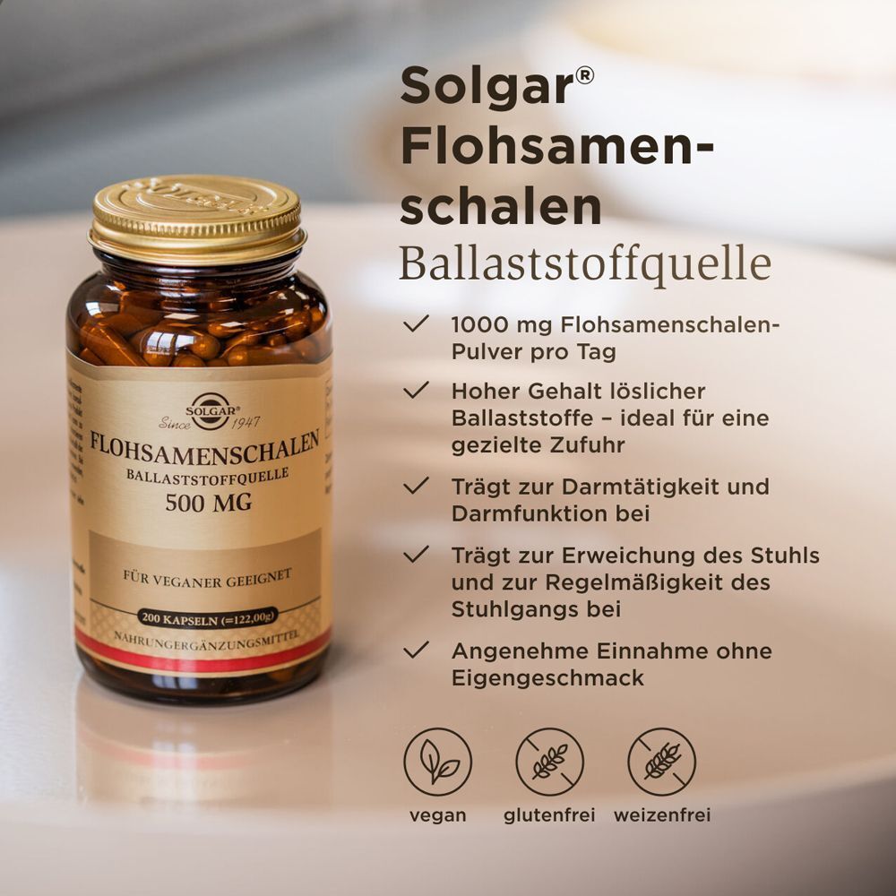Eine Flasche SOLGAR Flohsamenschalen 500 mg Kapseln. Braune Glasflasche mit goldenem Deckel. Text und Icons.