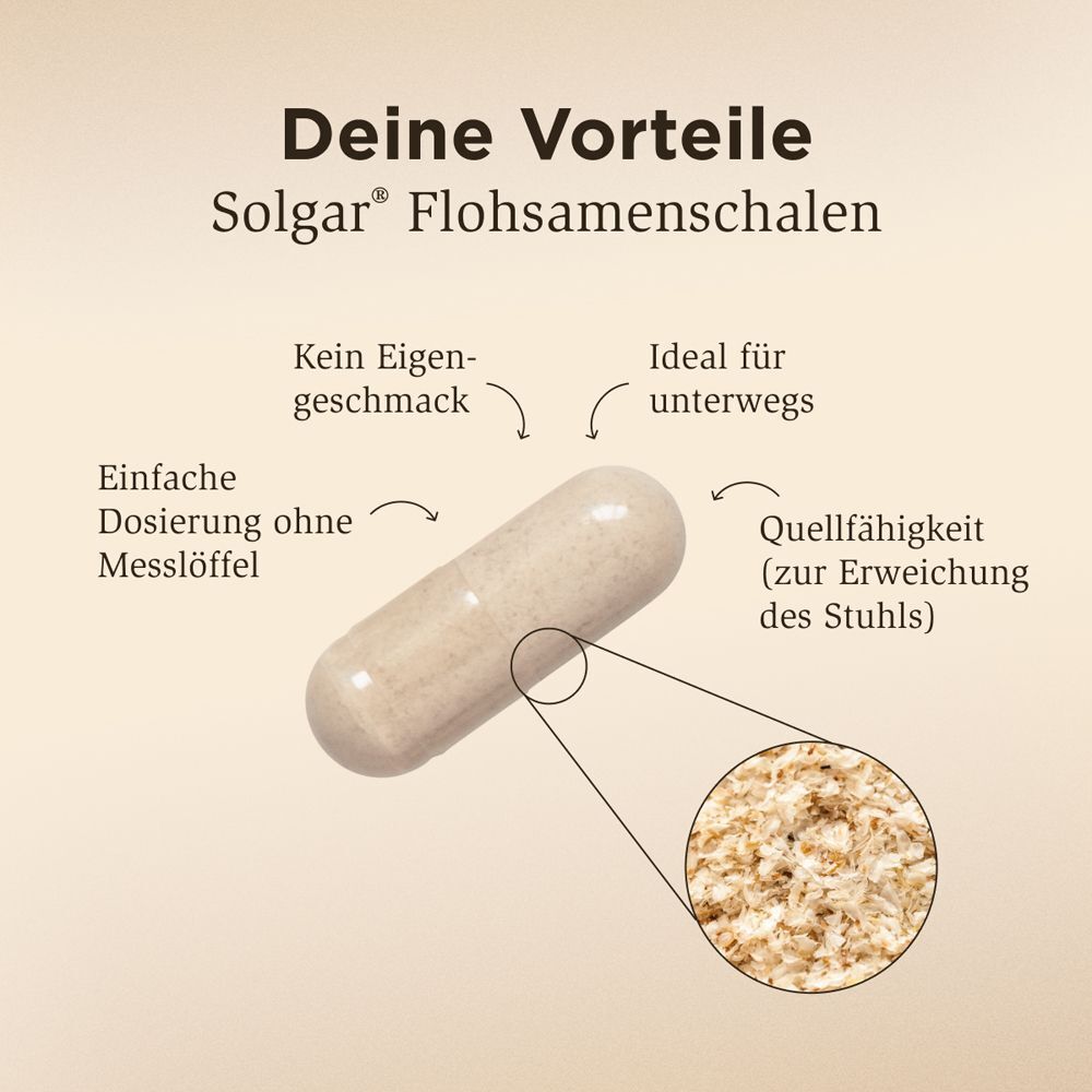 Eine Kapsel mit Text und einer Nahaufnahme von Flohsamenschalen. Diagramm mit Vorteilen.