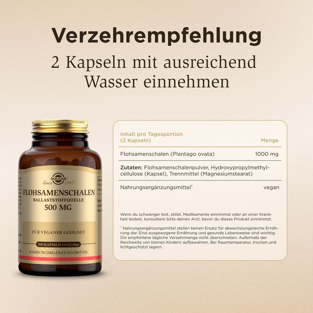 Flasche SOLGAR Flohsamenschalen 500 mg Kapseln. Text: Verzehrempfehlung, Zutaten, Nährwertangaben.