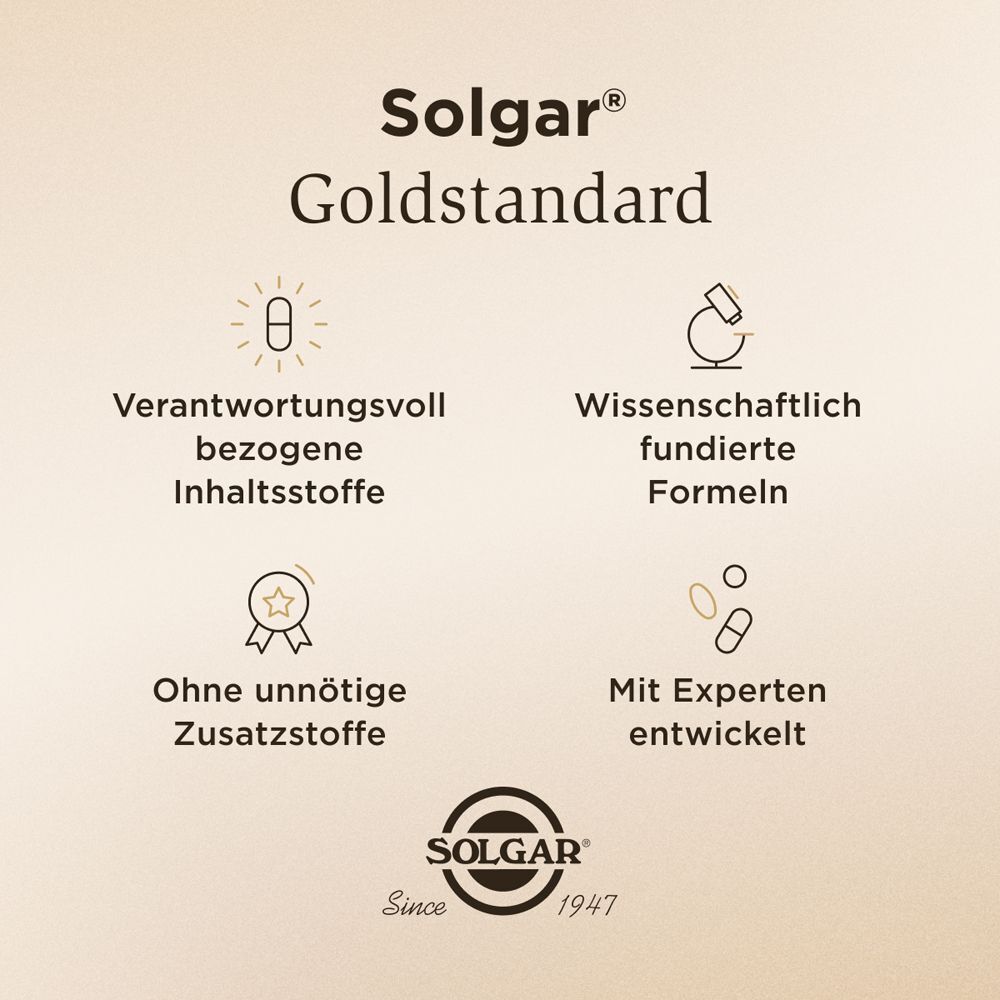 SOLGAR Goldstandard. Icons: verantwortungsvolle Inhaltsstoffe, wissenschaftliche Formeln, keine Zusätze, entwickelt.