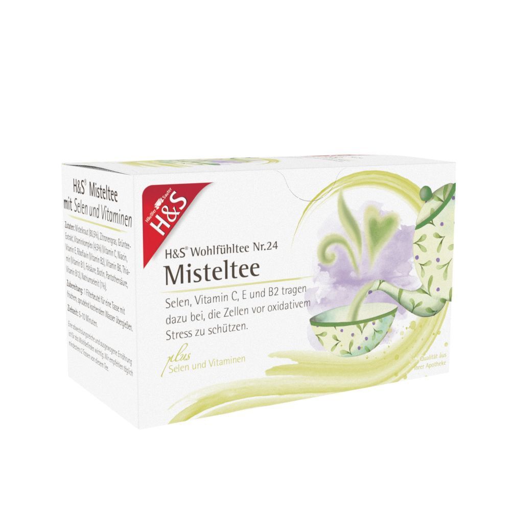 H&S Misteltee Packung. Aufdruck: Misteltee, Selen, Vitamin C, E und B2. Plus Selen und Vitamine. Apotheken-Qualität.