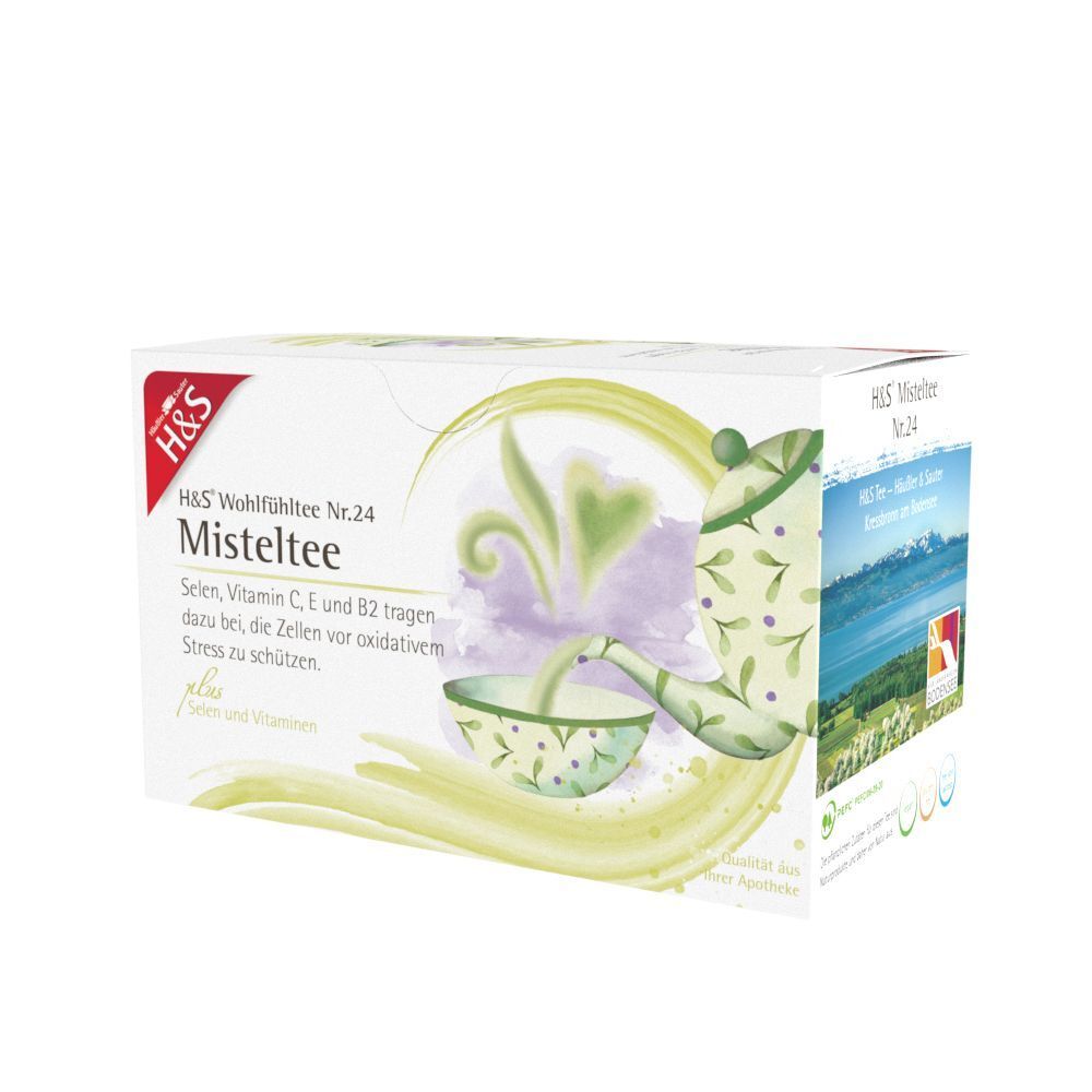 H&S Misteltee Packung. Aufdruck: Misteltee, Selen, Vitamin C, E und B2. Plus Selen und Vitamine. Apotheken-Qualität.