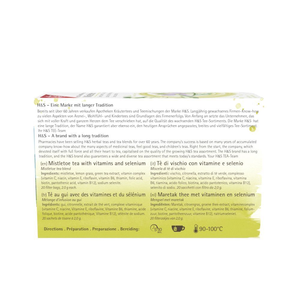 Rückseite der H&S Misteltee-Verpackung. Text in Deutsch, Englisch, Italienisch und Französisch. Zutatenliste und Zubereitungshinweise.