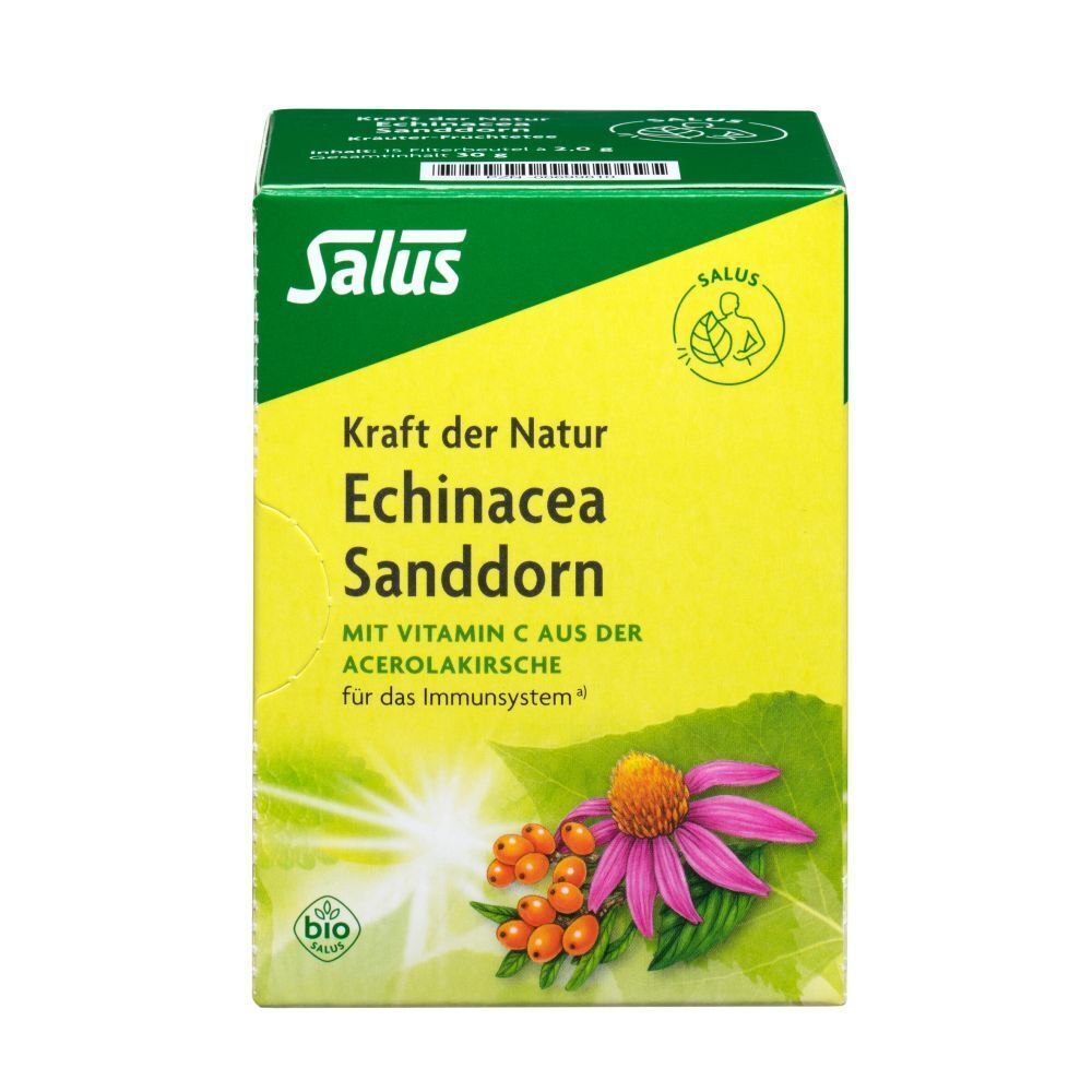 Verpackung von Echinacea Sanddorn Tee. Aufschrift: Salus, Kraft der Natur. Mit Bio-Siegel. Abbildung von Blüte und Beeren.