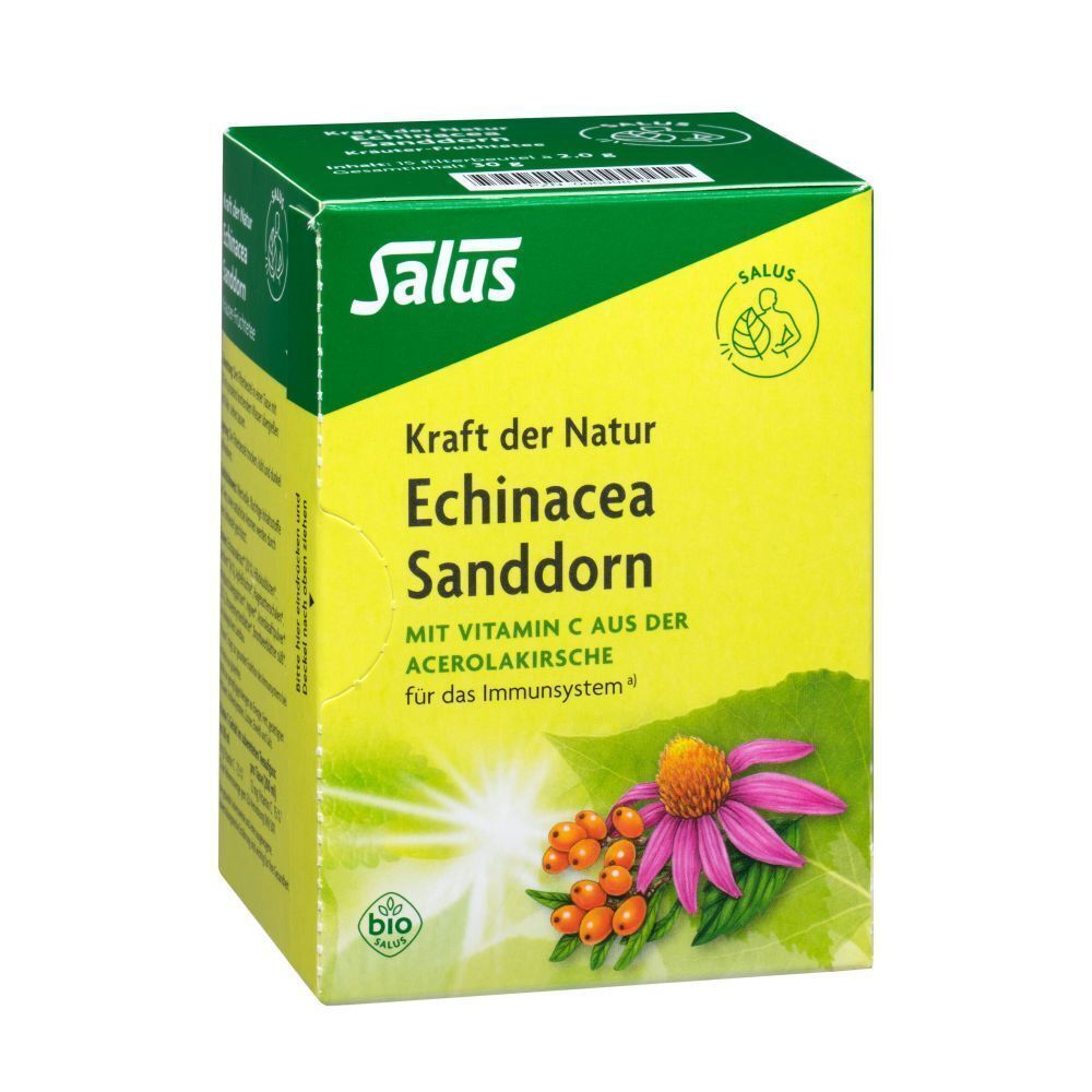 Verpackung von Echinacea Sanddorn Tee. Aufschrift: Salus, Kraft der Natur. Mit Bio-Siegel. Abbildung von Blüte und Beeren.