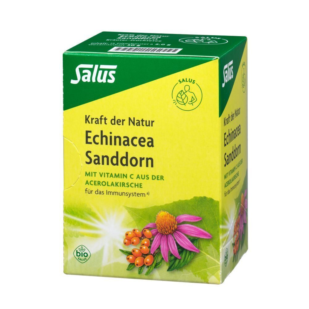 Verpackung von Echinacea Sanddorn Tee. Aufschrift: Salus, Kraft der Natur. Mit Bio-Siegel. Abbildung von Blüte und Beeren.