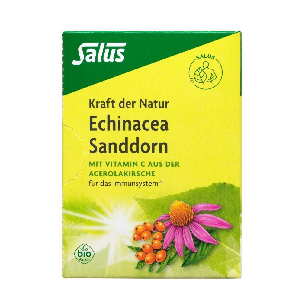 Verpackung von Echinacea Sanddorn Tee. Aufschrift: Salus, Kraft der Natur. Mit Bio-Siegel. Abbildung von Blüte und Beeren.
