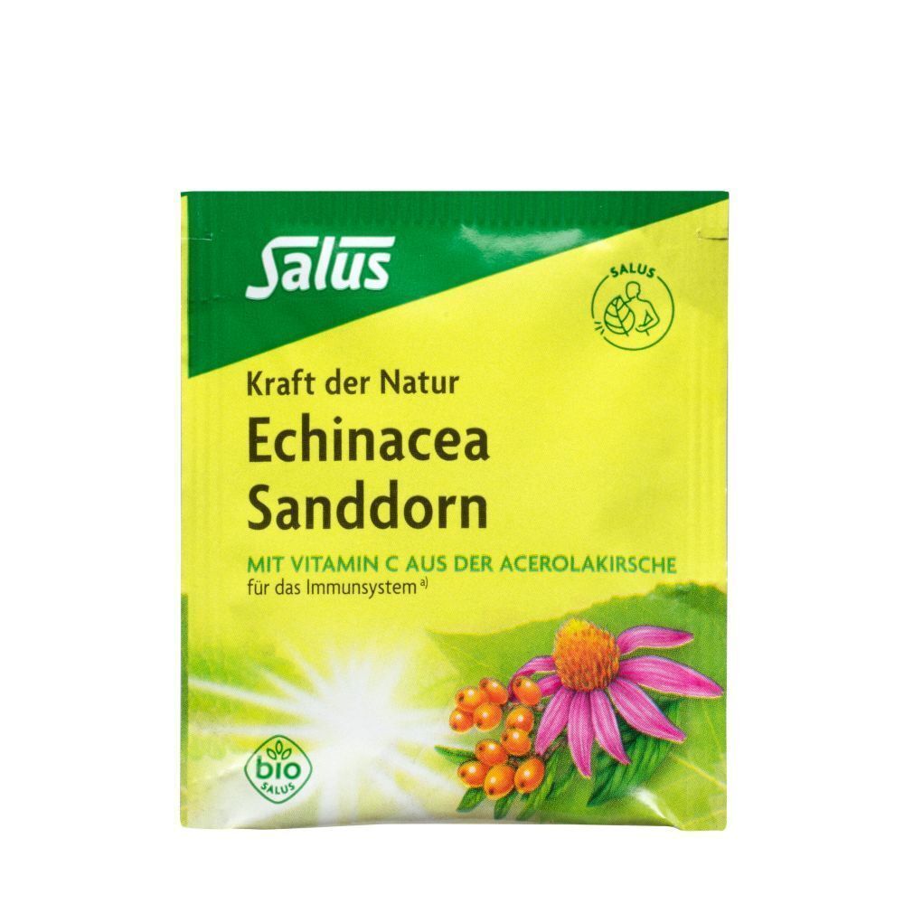Verpackung von Echinacea Sanddorn Tee. Aufschrift: Salus, Kraft der Natur. Mit Bio-Siegel. Gelbe Verpackung.