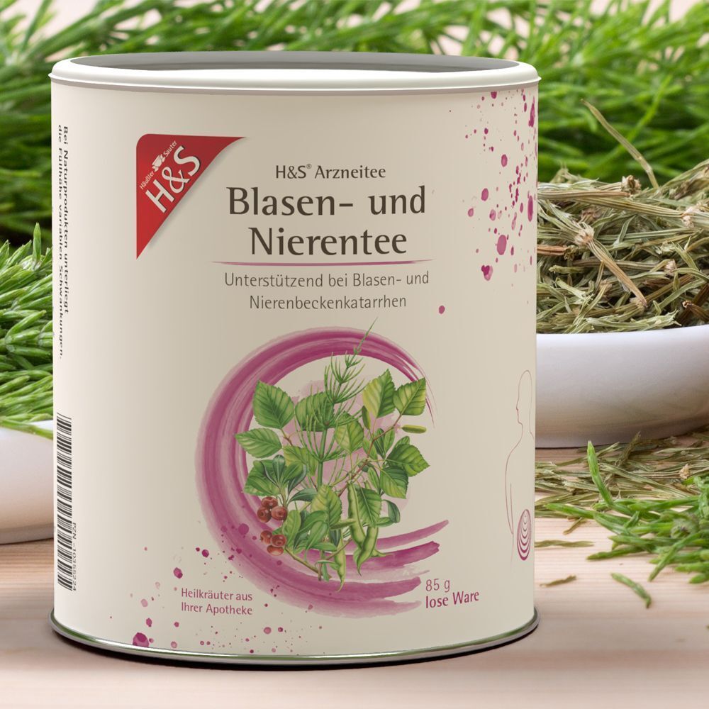 Dose H&S Blasen- und Nierentee loser Tee, mit Kräuterabbildung und Produktinformationen, umgeben von Heilkräutern.