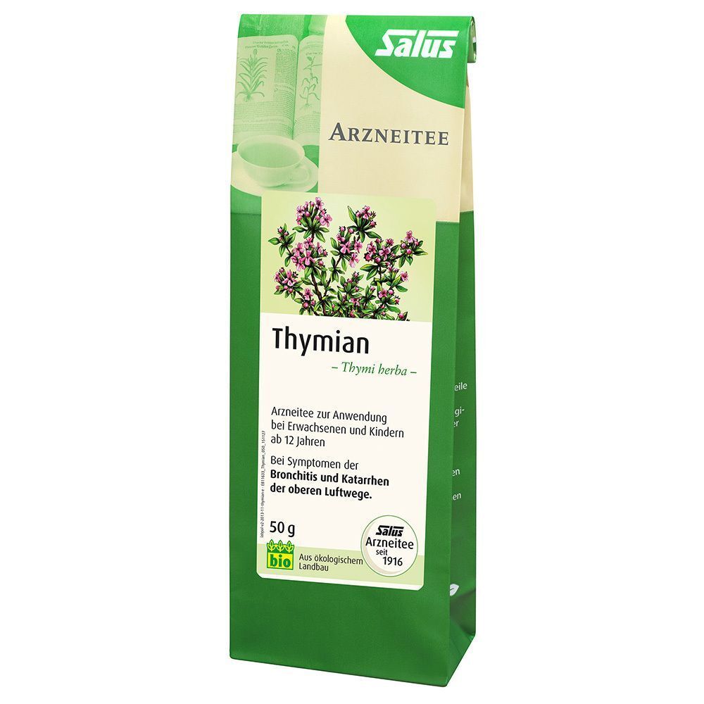 Eine Packung Salus Arzneitee Thymi herba bio (50g) mit Abbildung von Thymianblüten und Kräutern.