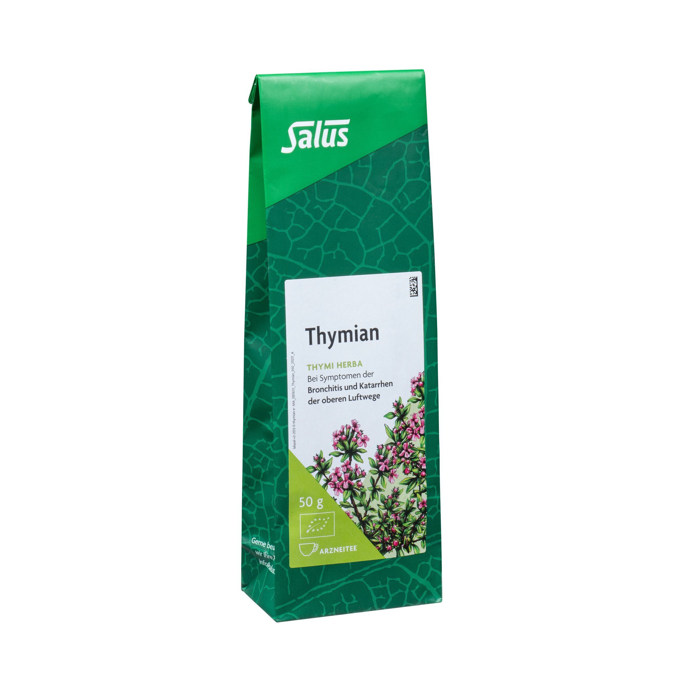 Eine Packung Salus Arzneitee Thymi herba bio (50g) mit Abbildung von Thymianblüten und Kräutern.