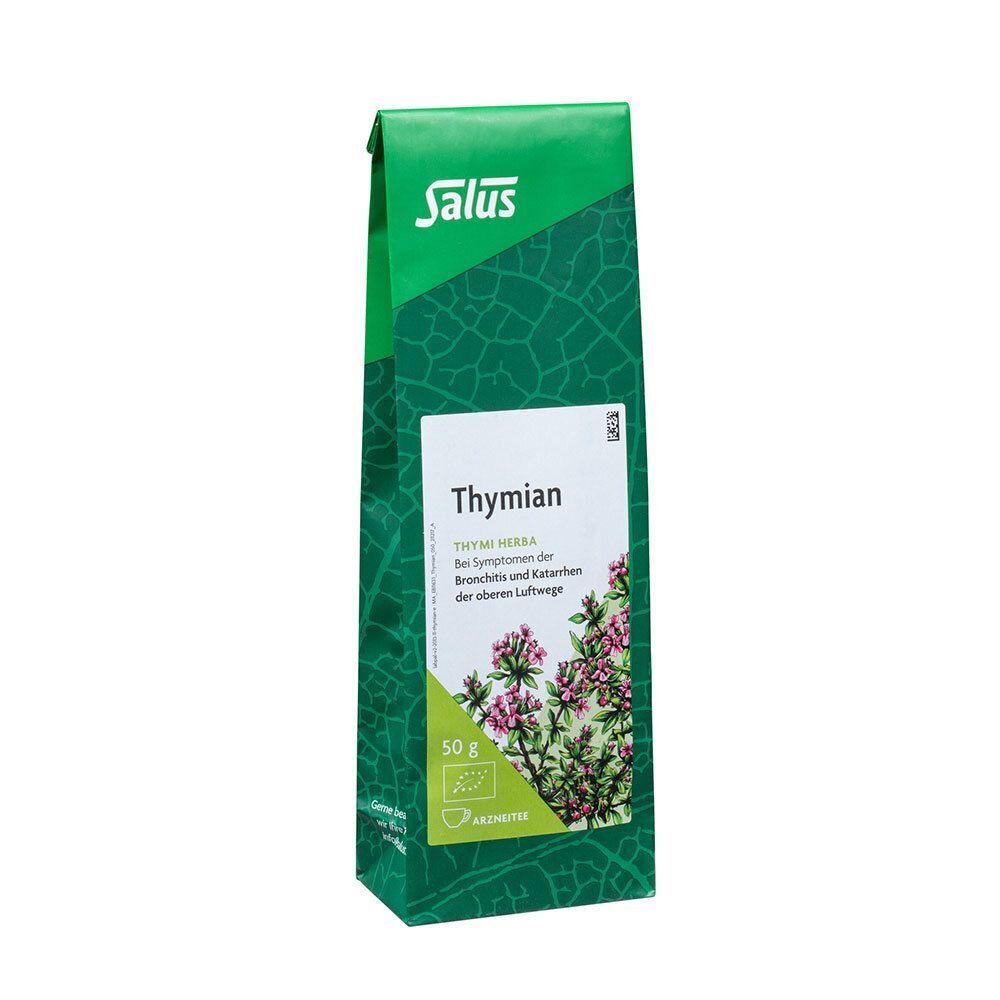 Eine Packung Salus Arzneitee Thymi herba bio (50g) mit Abbildung von Thymianblüten und Kräutern.