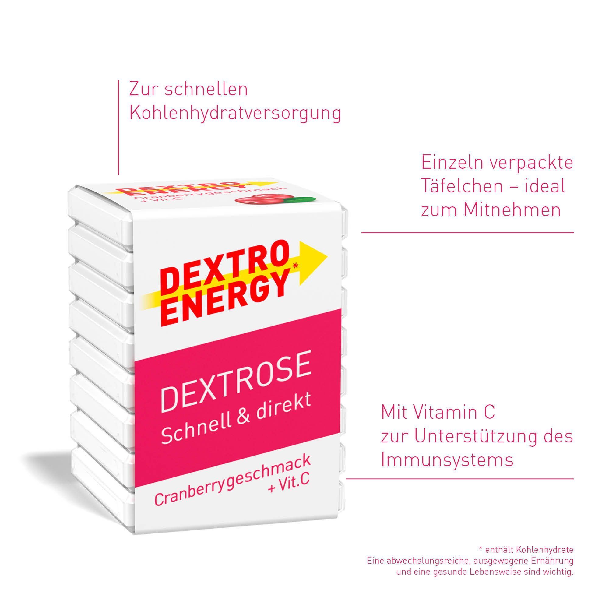 Dextro Energy Packung. Weiß, mit roter und gelber Schrift. Aufschrift: Dextrose, Cranberrygeschmack + Vit.C. Einzelne Täfelchen.
