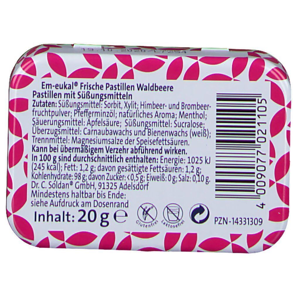 Rechteckige Pastillendose mit rotem Muster. Aufschrift und Zutatenliste. Enthält 20g. Mit Glutenfrei, Laktosefrei Symbolen.