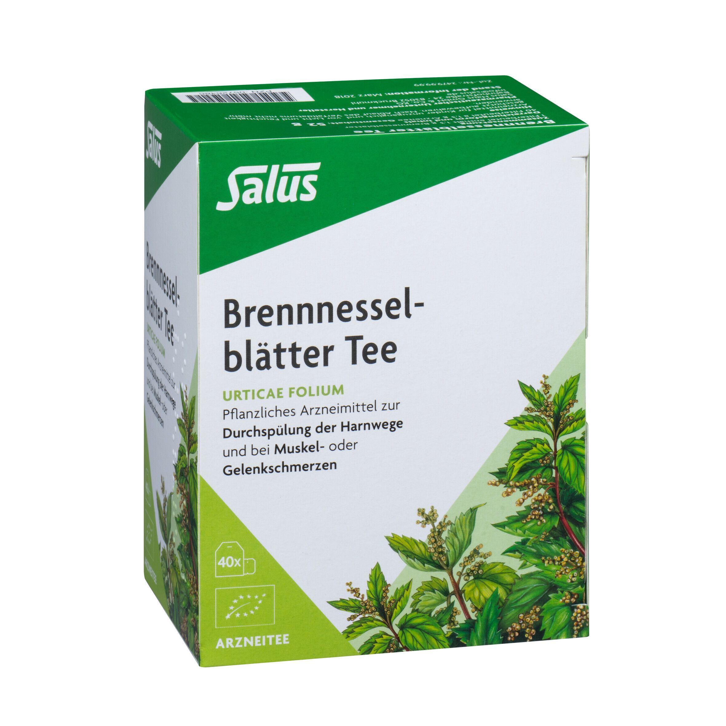 Schachtel Salus Brennnesselblätter Tee mit Abbildung von Brennnesselpflanzen.