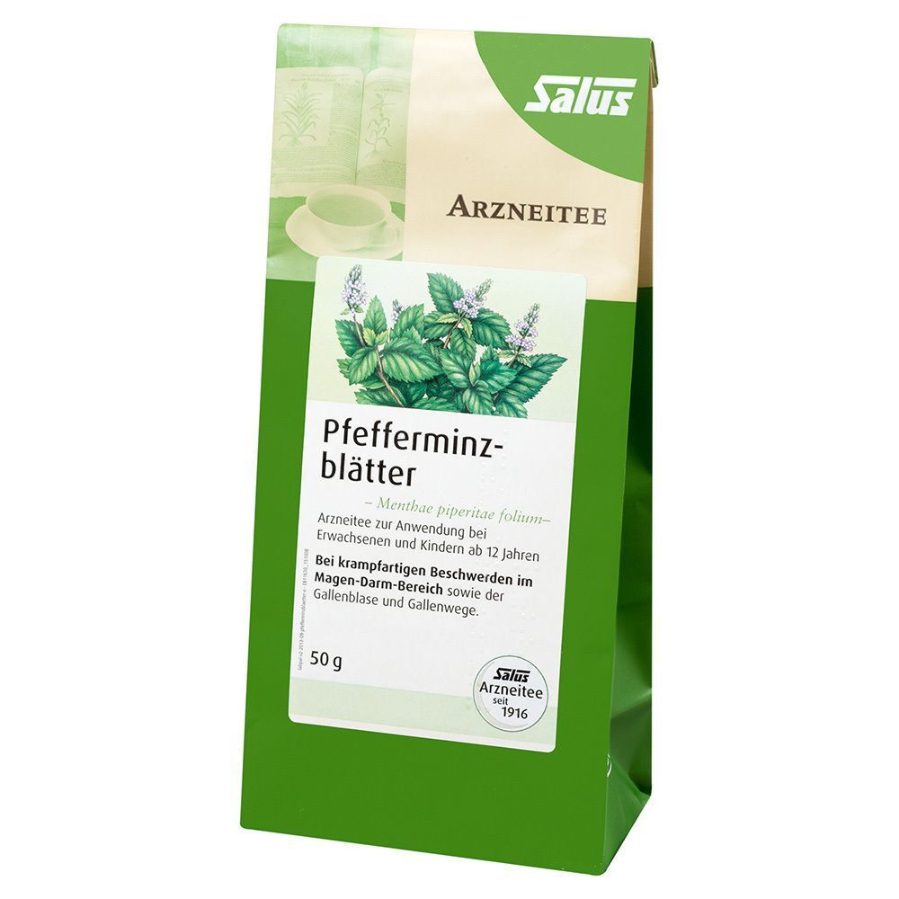 Eine Packung Salus Pfefferminzblätter Arzneitee mit Abbildung von Pfefferminzpflanzen und Hinweisen zur Anwendung.