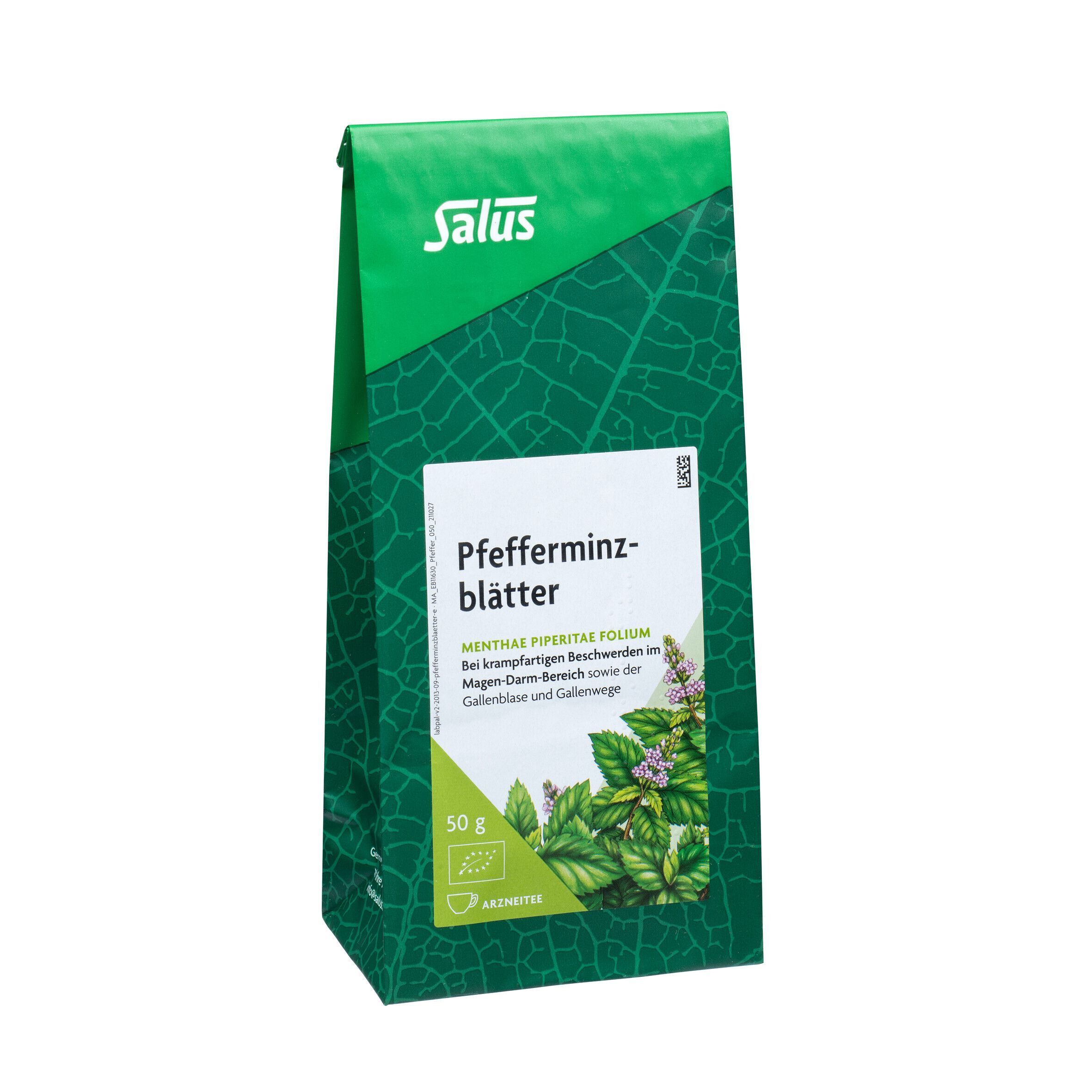 Eine Packung Salus Pfefferminzblätter Arzneitee mit Abbildung von Pfefferminzpflanzen und Hinweisen zur Anwendung.