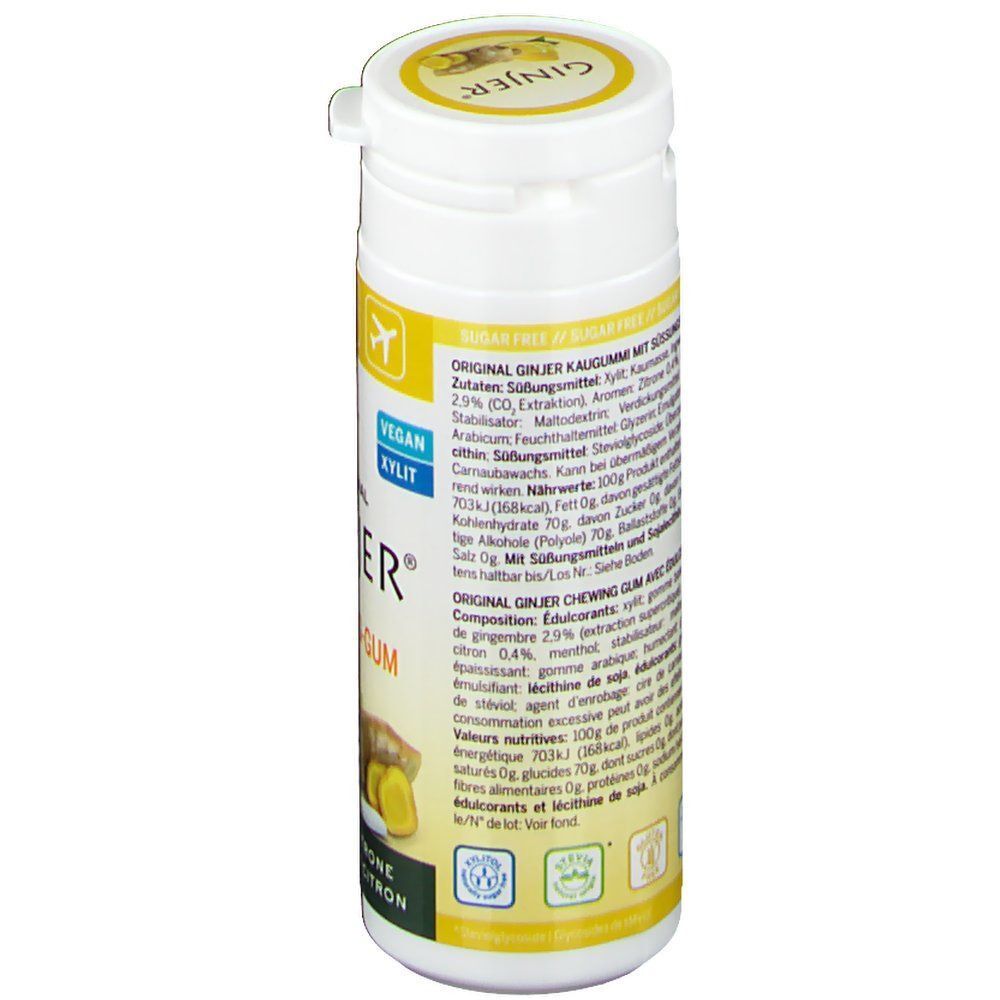 Weiße Flasche mit GINJER-Kaugummi-Etikett. Aufschrift: Original GINJER Chewing-Gum, Ingwer Zitrone. Vegan, Xylit. Rückseite mit Inhaltsangaben.
