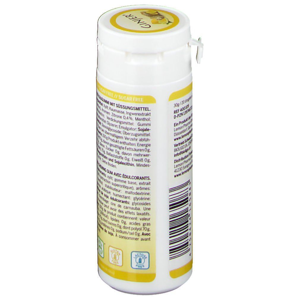 Weiße Flasche mit GINJER-Kaugummi-Etikett. Aufschrift: Original GINJER Chewing-Gum, Ingwer Zitrone. Vegan, Xylit. Seite mit Inhaltsangaben.