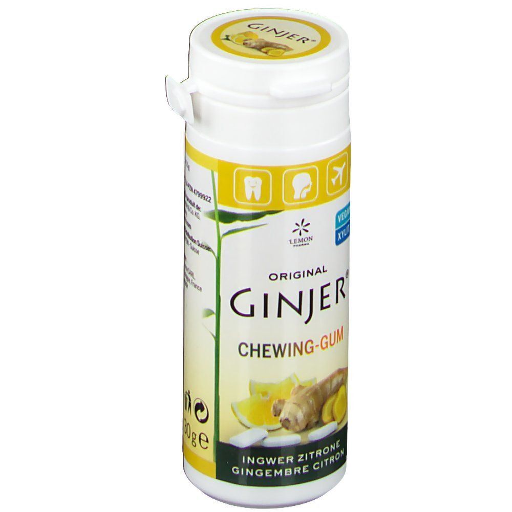 Weiße Flasche mit GINJER-Kaugummi-Etikett. Aufschrift: Original GINJER Chewing-Gum, Ingwer Zitrone. Vegan, Xylit. 30g Packung.
