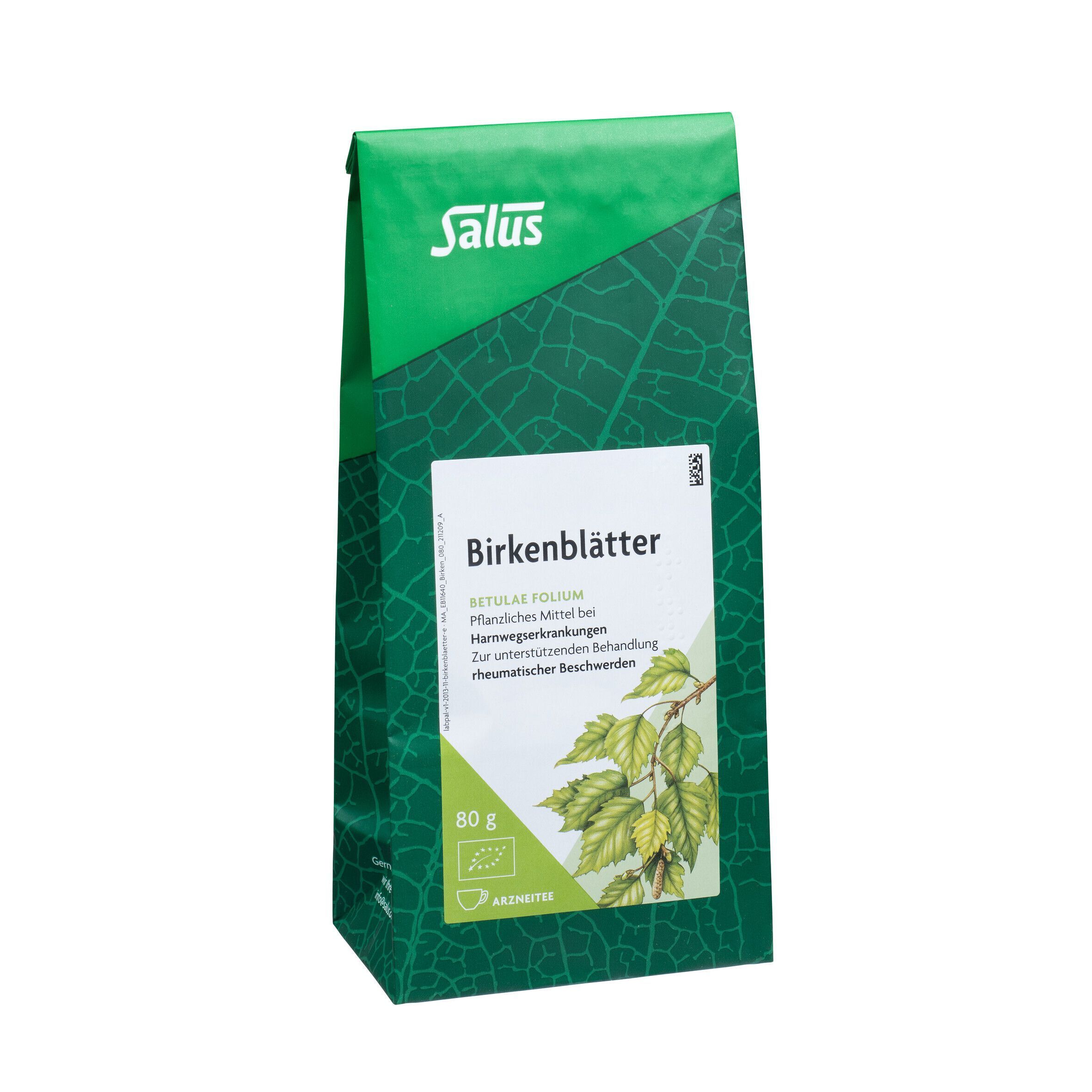 Eine grüne Packung Salus Birkenblättertee mit detaillierter Vorderseite und einem kleinen Beutel getrockneter Blätter.
