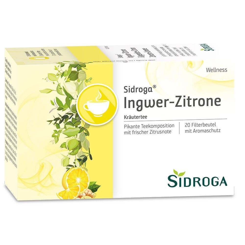 Teepackung. Aufschrift: Ingwer-Zitrone, Kräutertee, 20 Filterbeutel. Marke: Sidroga. Illustrationen von Zitrone und Ingwer.