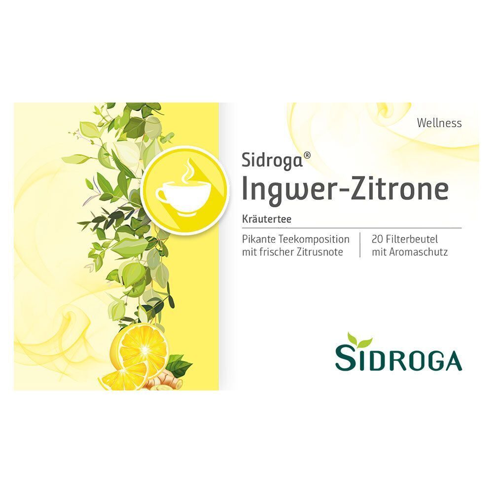 Teepackung. Aufschrift: Ingwer-Zitrone, Kräutertee, 20 Filterbeutel. Marke: Sidroga. Illustrationen von Zitrone und Ingwer.