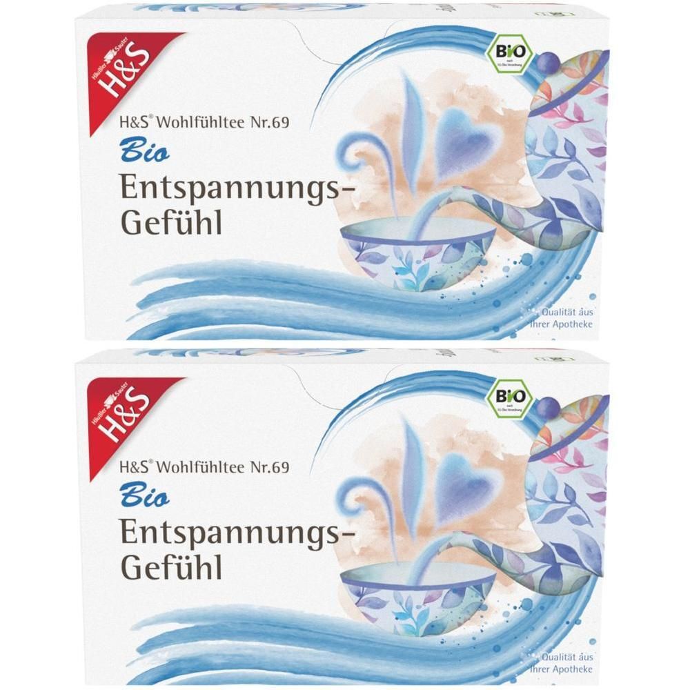 Zwei Packungen H&S Bio Entspannungs-Gefühl Tee. Weiße Kartons mit blauem Design und Logo. Bio-Siegel.
