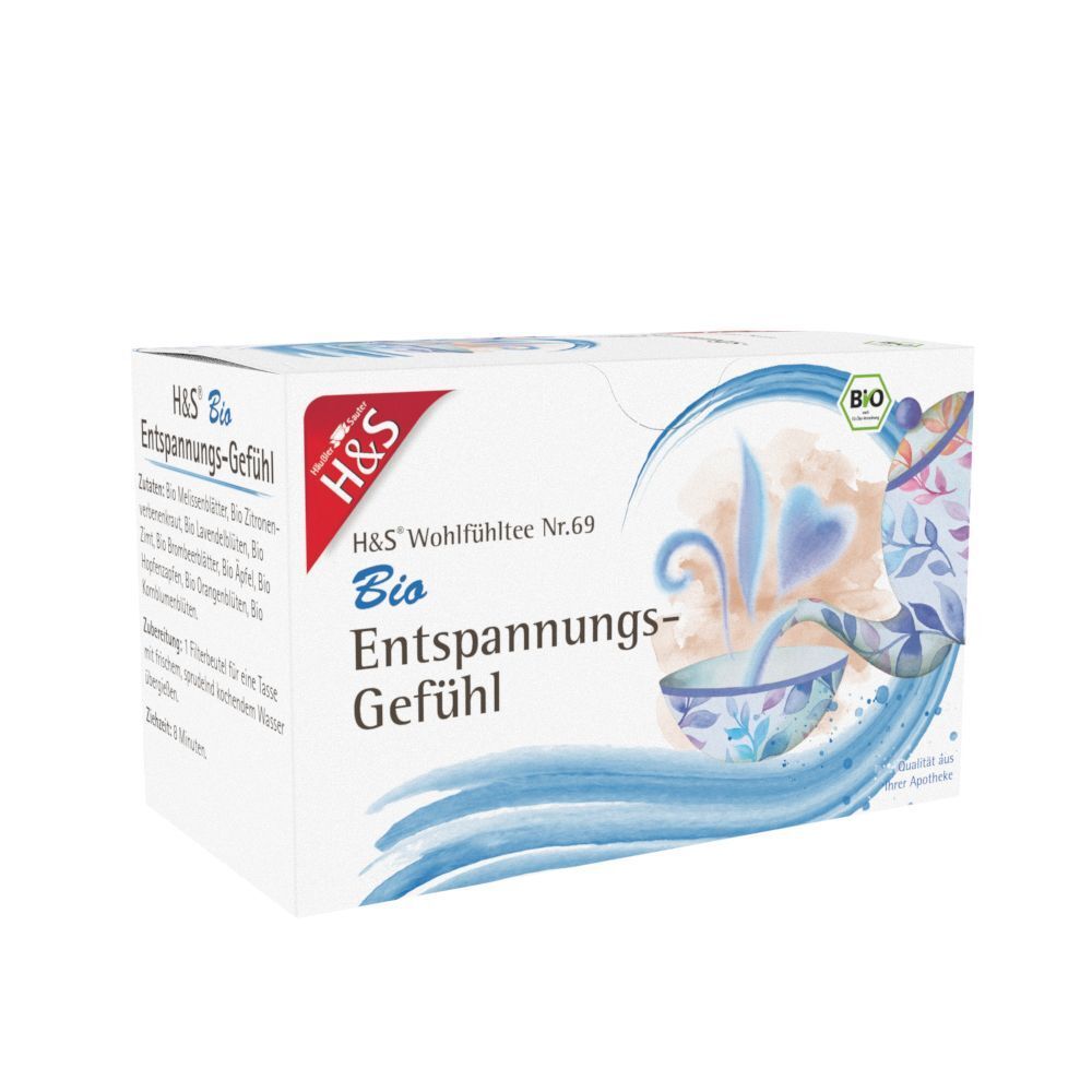 H&S Bio Entspannungs-Gefühl Tee-Packung. Weißer Karton mit blauem Design und Logo. Bio-Siegel.