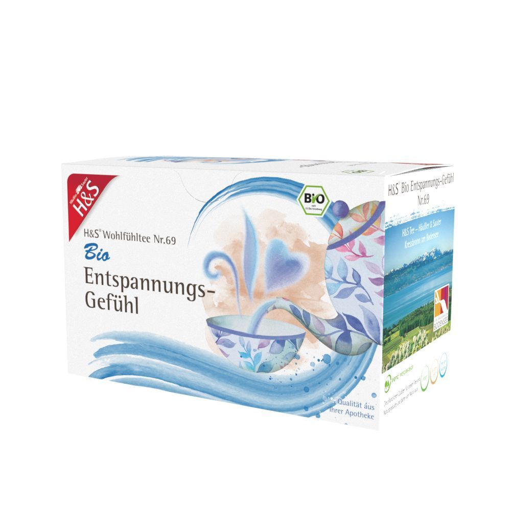 H&S Bio Entspannungs-Gefühl Tee-Packung. Weiße Schachtel mit blauem Design, Logo und Bio-Siegel. Eckansicht.