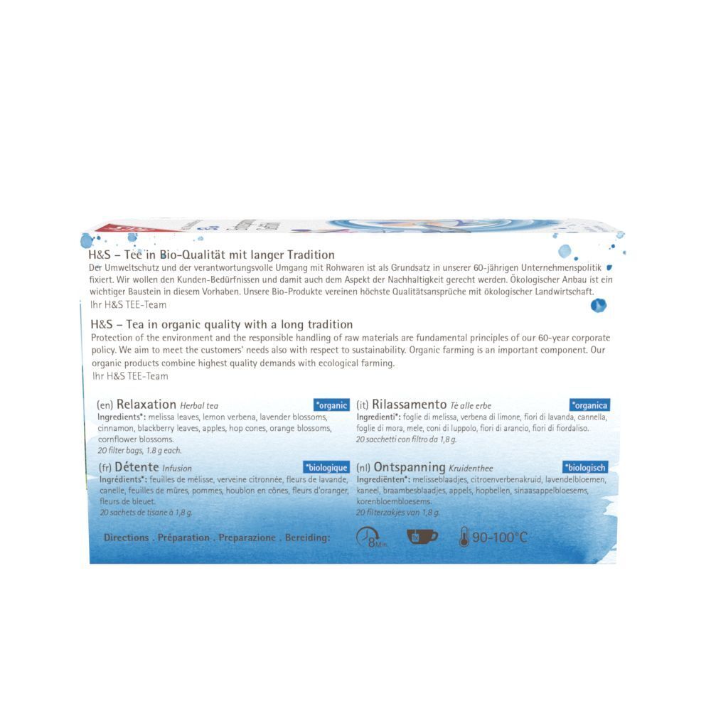 Rückseite der H&S Bio Entspannungs-Gefühl Tee-Packung. Text in Deutsch, Französisch, Italienisch und Niederländisch.