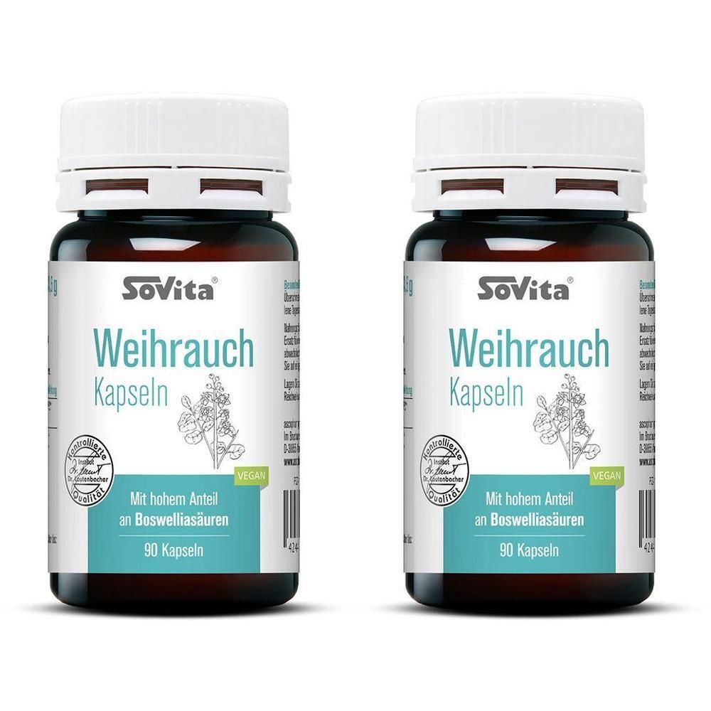Zwei Flaschen SOVITA Weihrauch Kapseln. Braune Glasflaschen mit weißen Deckeln und Etiketten. Aufschrift: Weihrauch Kapseln, 90 Kapseln.