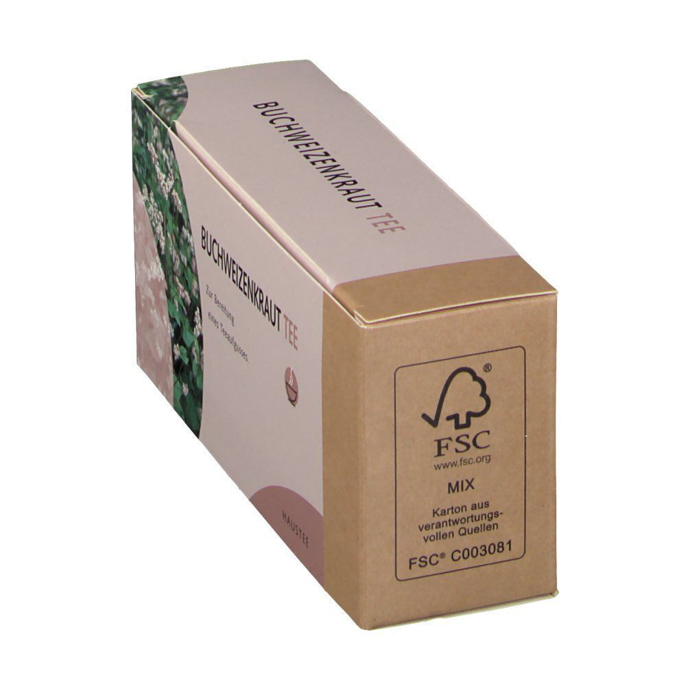 Kartonverpackung, schräg. Aufdruck: BUCHWEIZENKRAUT TEE. FSC-Logo. Beige und braune Farben. Text und Logo.