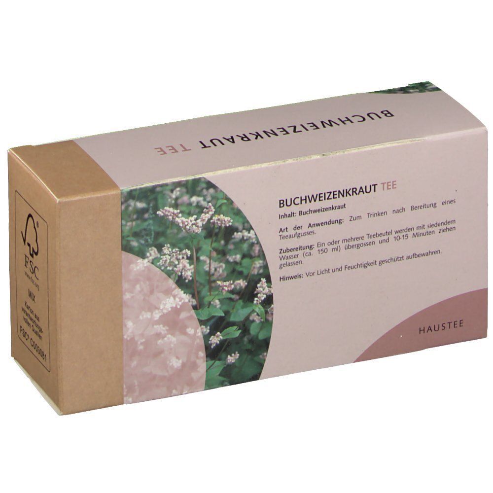 Rechteckige Kartonverpackung. Aufdruck: BUCHWEIZENKRAUT TEE. Beige und braune Farben. Text und Logo. FSC-Logo.